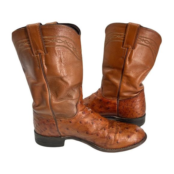 Justin 3186 Men's Exotic Roper Boot with Cognac Full Quill Ostrich & a Roper Toe - Picture 3 of 11